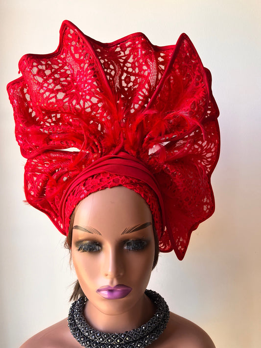 Red Auto Gele Head-tie Lace Auto Gele Wedding Gele