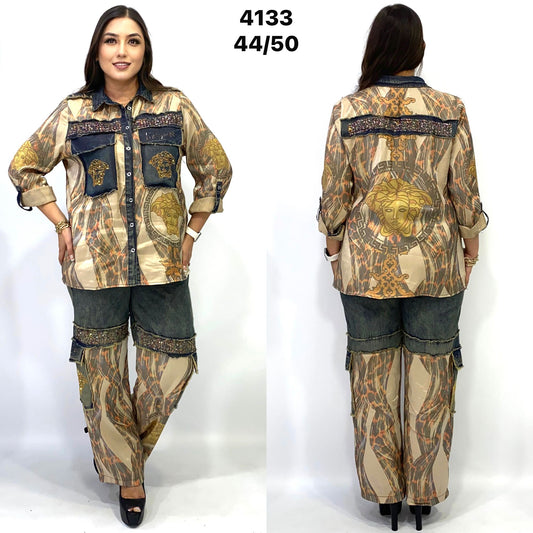 Fancy 2pcs pant Set/ Silk & jean patch pant Suits