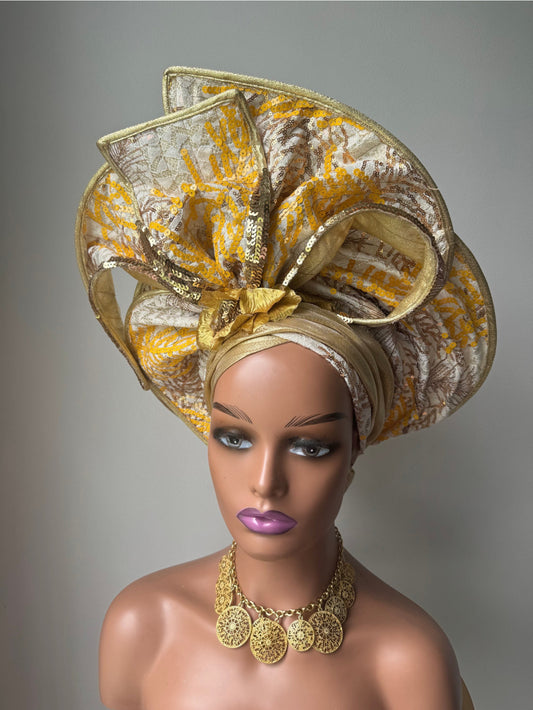Gold Auto Gele / Handmade Bridal Gele /Wedding Gele