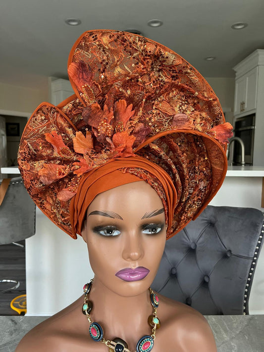 Burnt Orange Auto Gele African Headgear