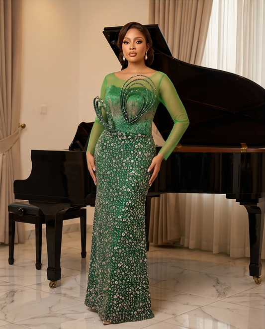 Green Sequin mermaid Dress, Elegant Formal Guest Wedding Gown, African Birthday Celebration Outfit.