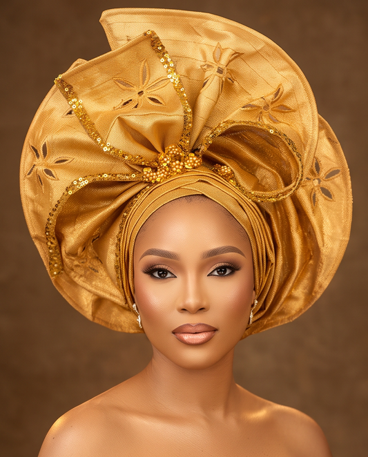 Gold Aso Oke Auto Gele , New Bride Auto Gele Ready Made Headband.