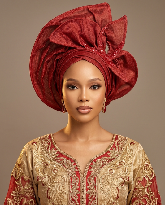 Aso Oke Auto Gele Ready Made Unique Headwrap Light Red Auto Gele.