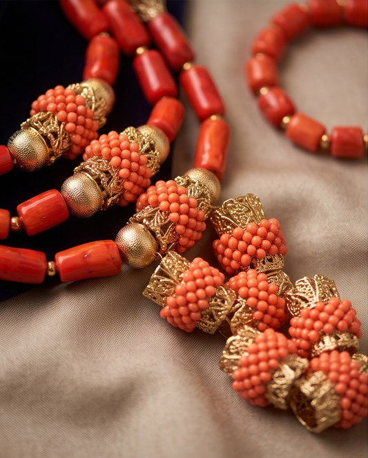 Coral Jewelry Set: 3 Row Wedding Necklace , Bracelet & Earrings