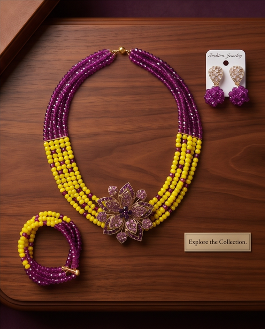 Yellow Purple Beaded Crystal Necklace Sets