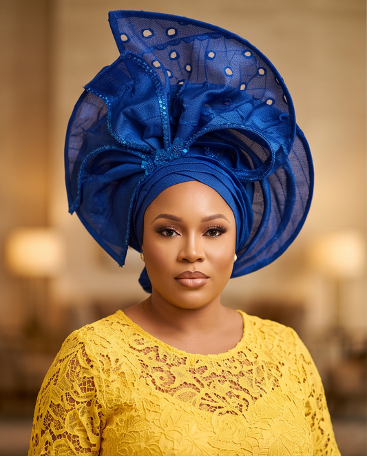 Ready Made Royal Blue Auto Gele , Newly Bride Headgear