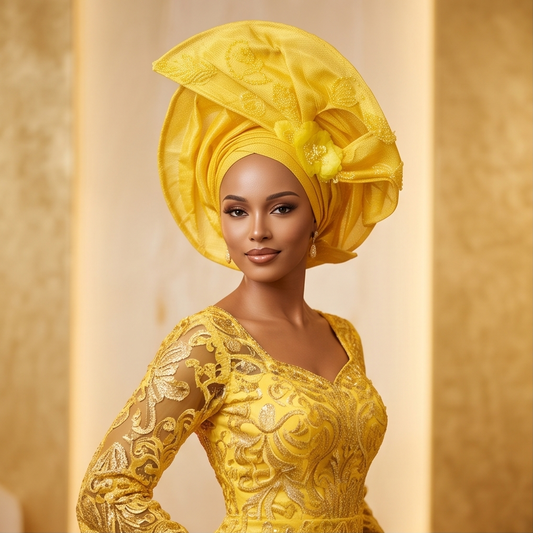Autogele : Yellow African Gele, Ready -to-wear Headtie, Adjustable wedding Headgear
