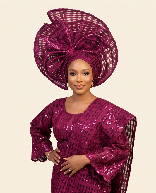 Ready Made Magenta Net Aso Oke Auto Gele, Rich Auntie Embellished Headband