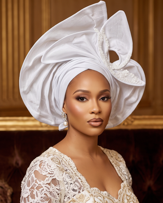 African Ready made Auto Gele, Elegant White Aso Oke Headgear