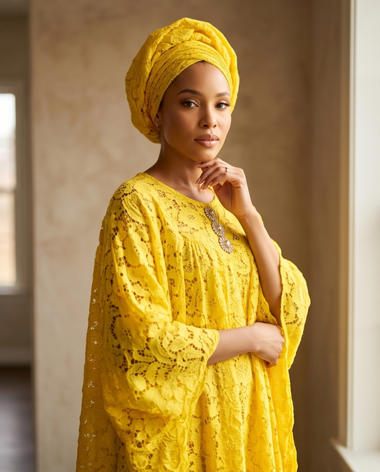 A woman wearing a bright yellow lace kaftan dress with a matching yellow headwrap, posed in a softly lit indoor setting with a neutral beige background.