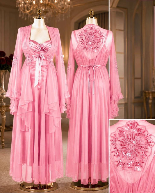 Soft Long Silk Satin Robe Set For Women , Lace Night gown and Robe , Luxury Sleepwear.