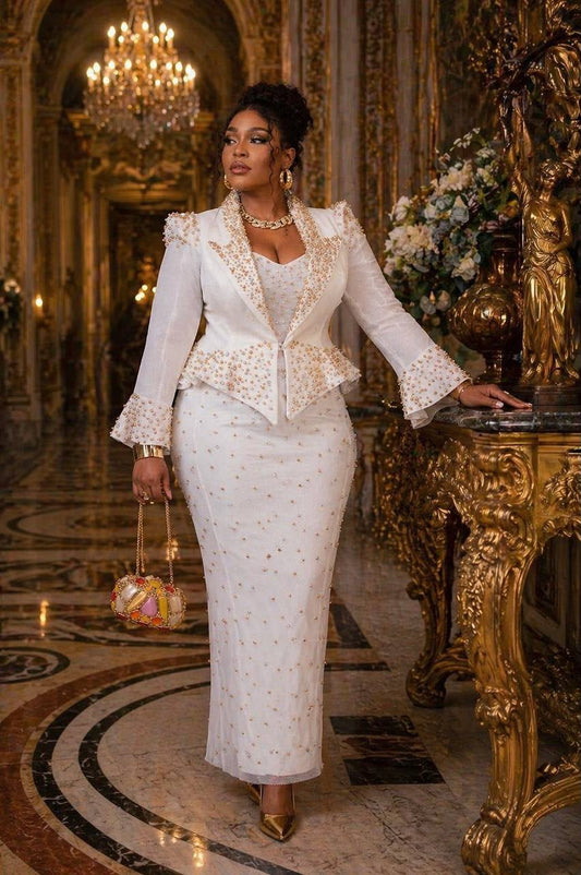 White Rhinestone Embellished Maxi Dress, Mother of the Bride Plus Size Evening Gown.