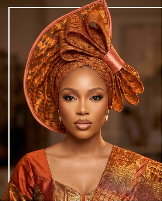Ready Made Burt Orange Basset Aso Oke Auto Gele