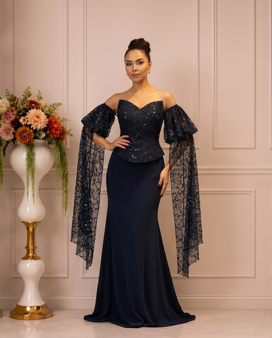 Black Evening Dress, Elegant Sleeve attached Lace party wear.