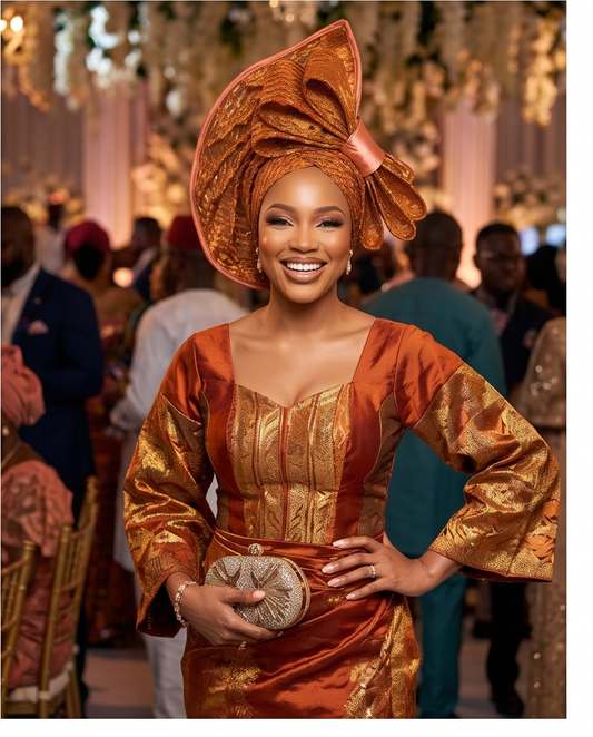 Ready Made Burt Orange Basset Aso Oke Auto Gele