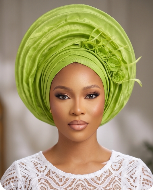 Lime Ready made Aso oke Auto Gele and Fan