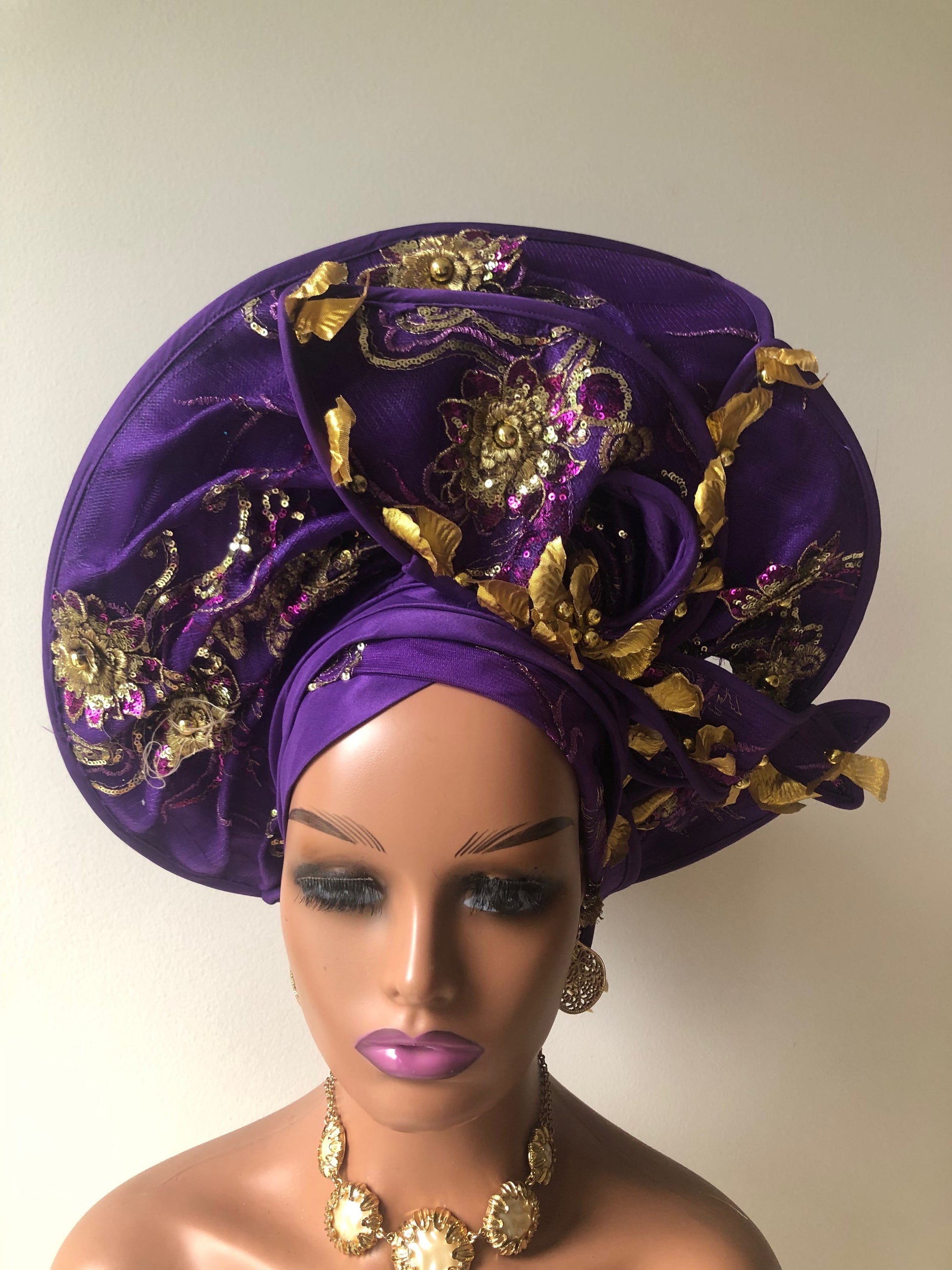 African Auto Gele /  purple Wedding Gele / ready made Gele