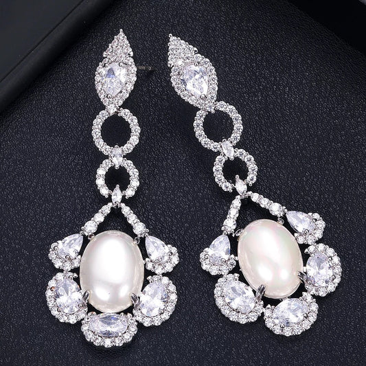 Dangling pearl CZ Pave Earring