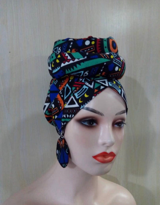 Pre tie Kente African Headwra With Earrings