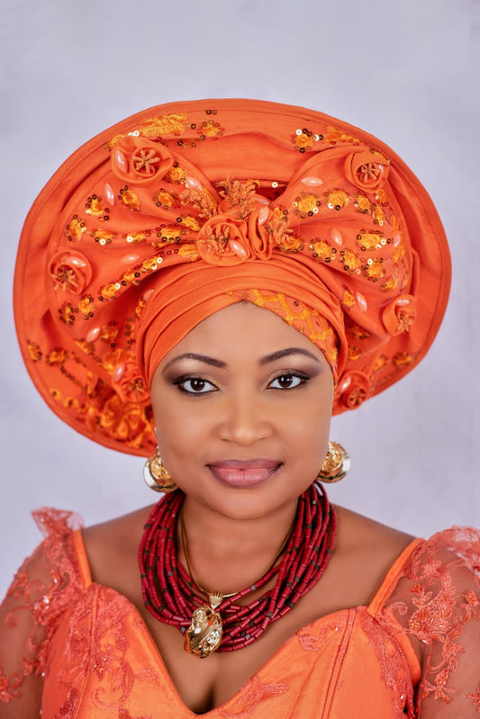 Orange Auto Gele African mama’s Headtie Ready made Gele Elegant Auto Gele