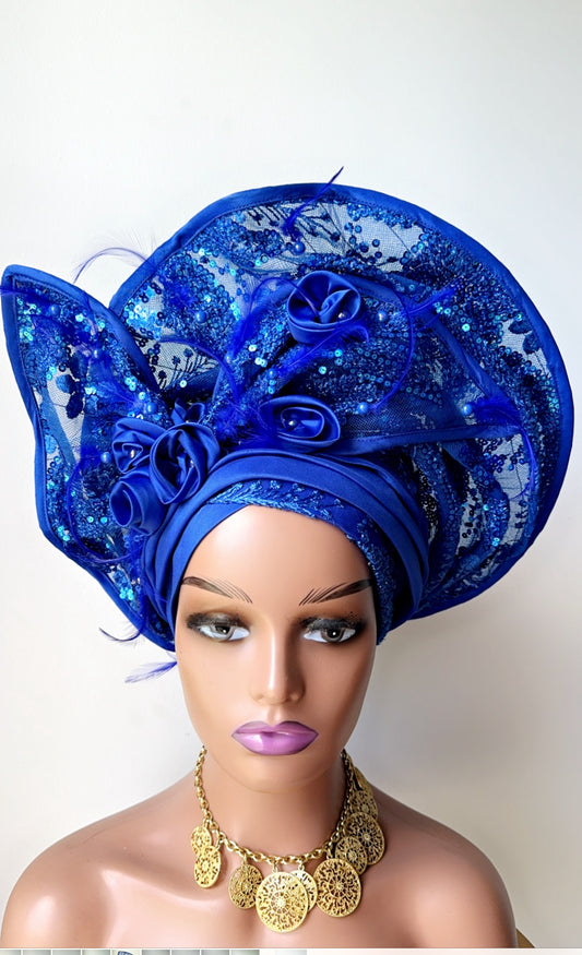 Royal Blue Auto Gele / Bridal Auto Gele / Africa Auto Gele