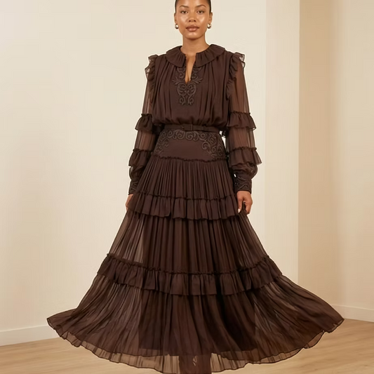 Luxury Modest Evening Dress, Classy Brown Silky Gown