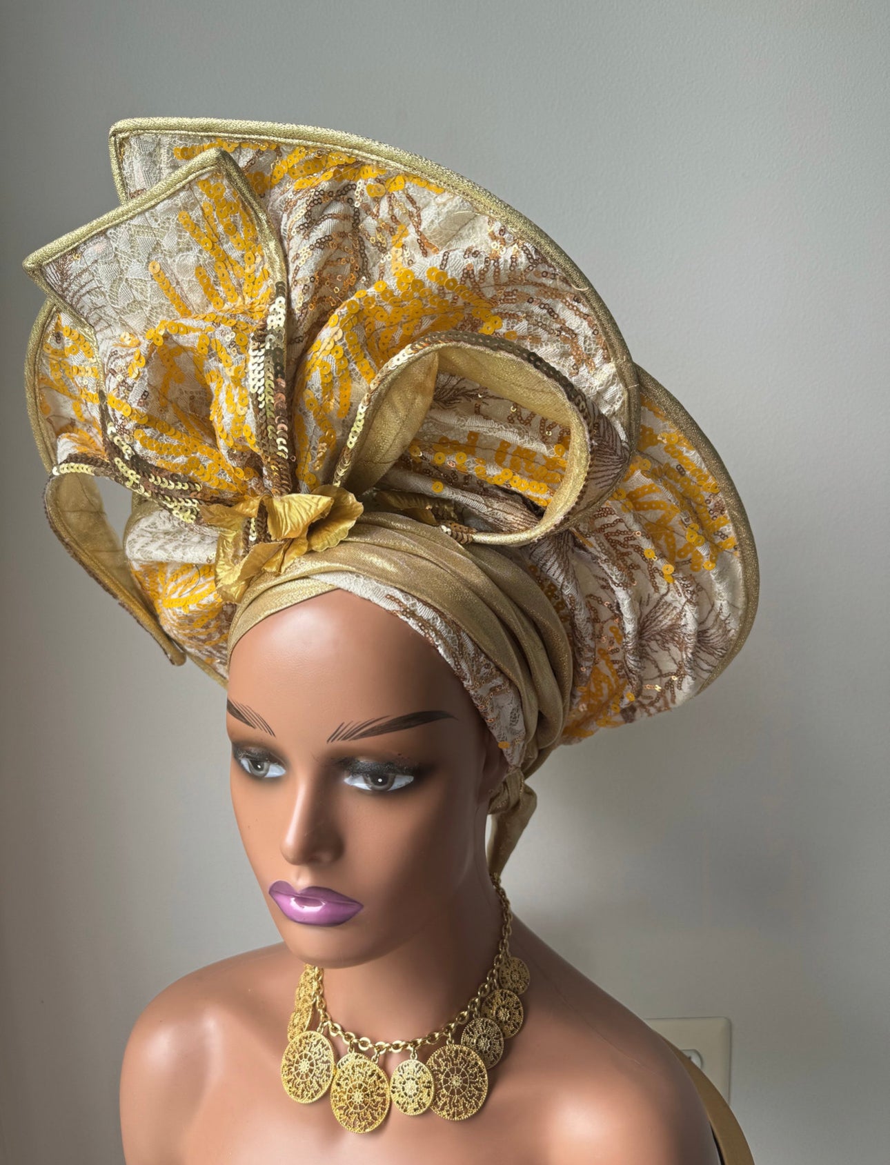Gold  Auto Gele / Handmade Bridal Gele /Wedding Gele