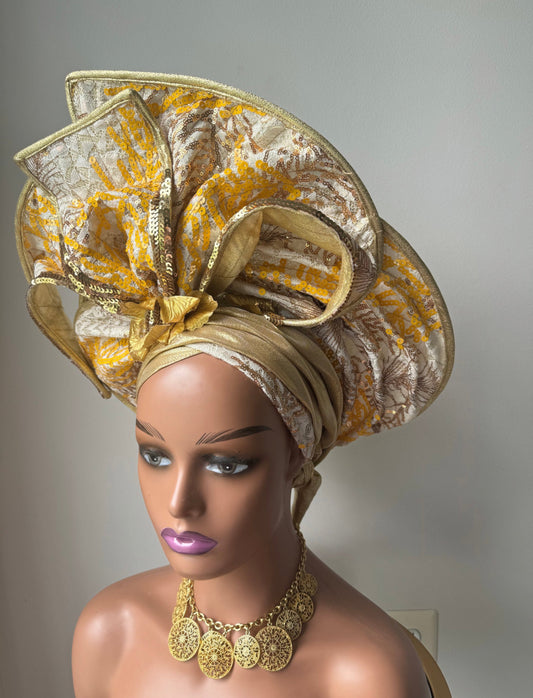 Gold  Auto Gele / Handmade Bridal Gele /Wedding Gele