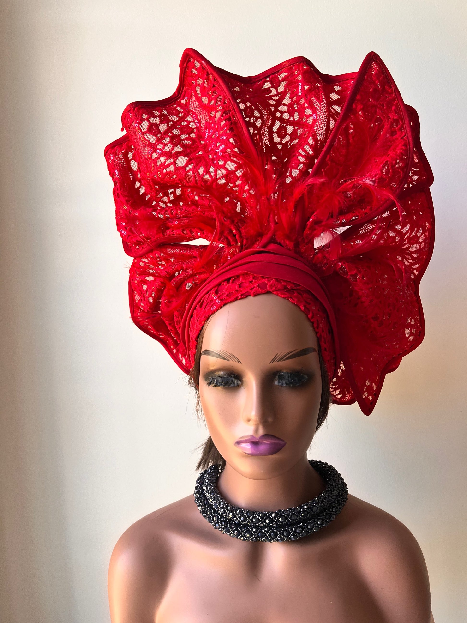 Red Auto Gele Head-tie Lace  Auto Gele Wedding Gele