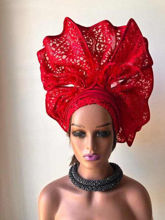 Red Auto Gele Head-tie Lace  Auto Gele Wedding Gele