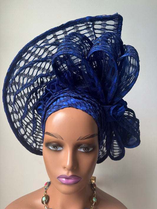 Royal blue Auto Gele / Wedding Auto Gele / Ready made Auto Gele .
