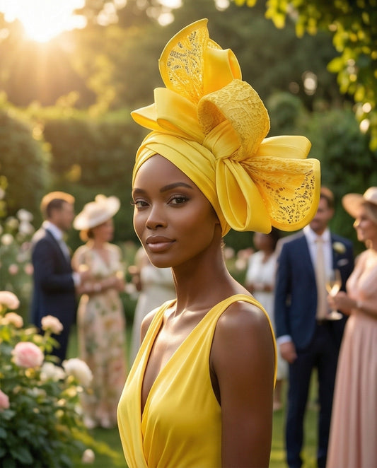 Woman wearing a yellow dress and headwrap in an outdoor setting with people and flowers.