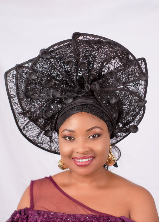 Black Auto Gele  Ready made  Lace Gele