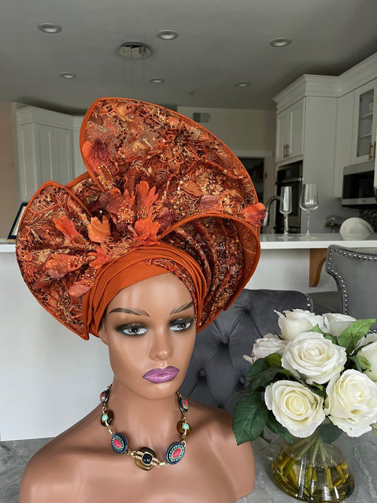 Burnt Orange Auto Gele  African Headgear