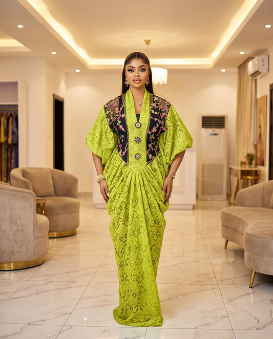 Lemon African Occasion Dress,  Luxury Lace Embellished  kaftan .