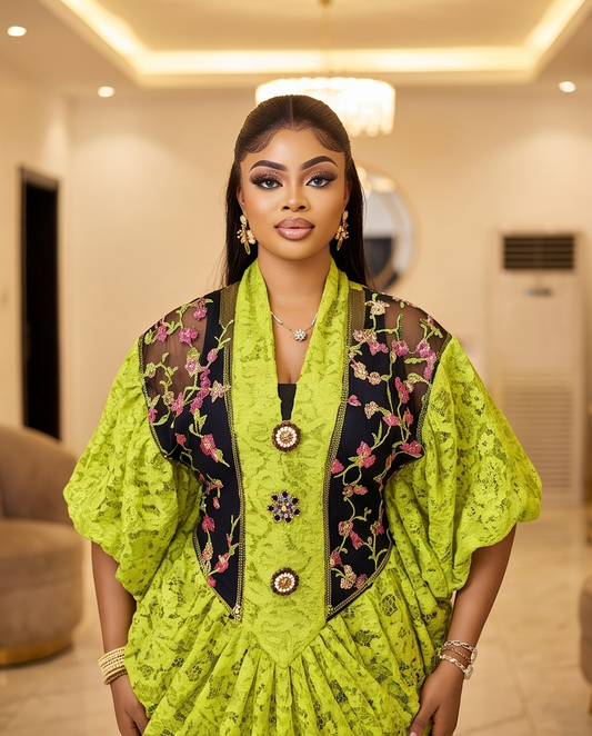 Lemon African Occasion Dress,  Luxury Lace Embellished  kaftan .