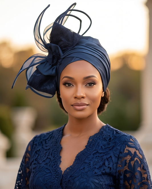Navy Blue Bow Turban , African Ladies' Ready To Wear Turban.