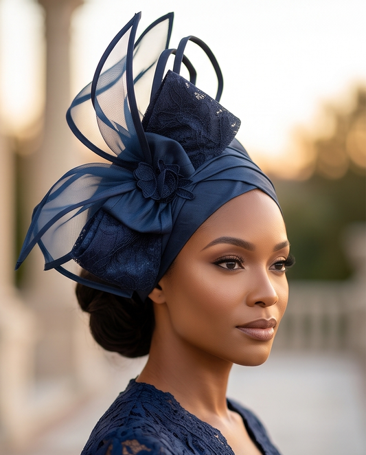 Navy Blue Bow Turban , African Ladies' Ready To Wear Turban.