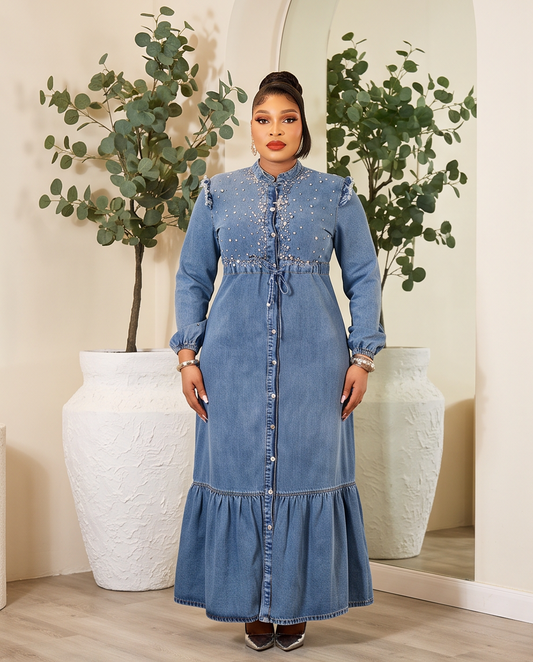 Ladies Plus - Size and Sparkly Denim Outfit Rhinestones Birthday Celebration  Dress.