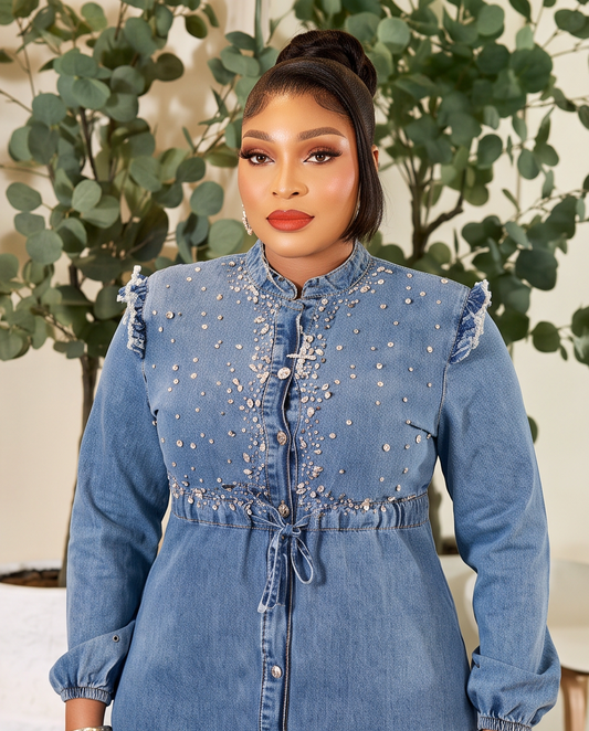 Ladies Plus - Size and Sparkly Denim Outfit Rhinestones Birthday Celebration  Dress.