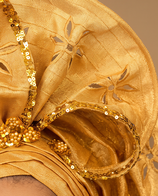 Gold Aso Oke Auto Gele , New Bride Auto Gele  Ready Made Headband.