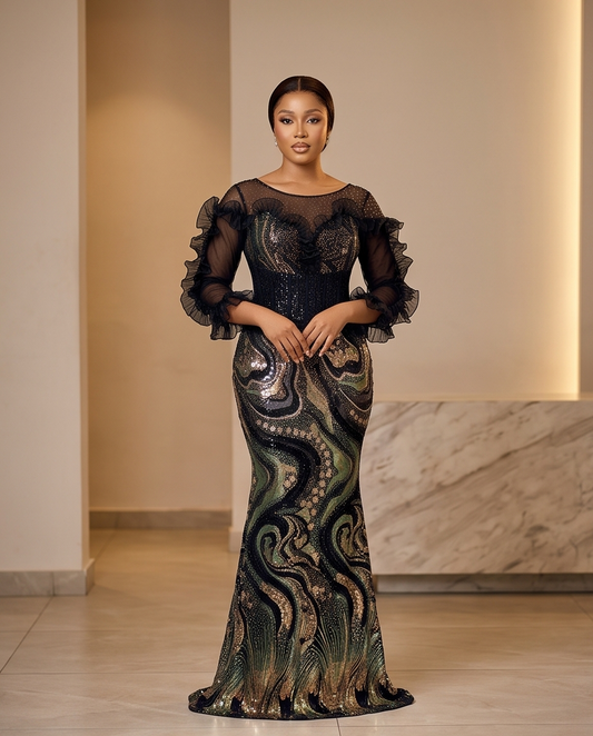 Beautiful Lace Sequins Dress Wedding Guest Peplum Maxi Gown.
