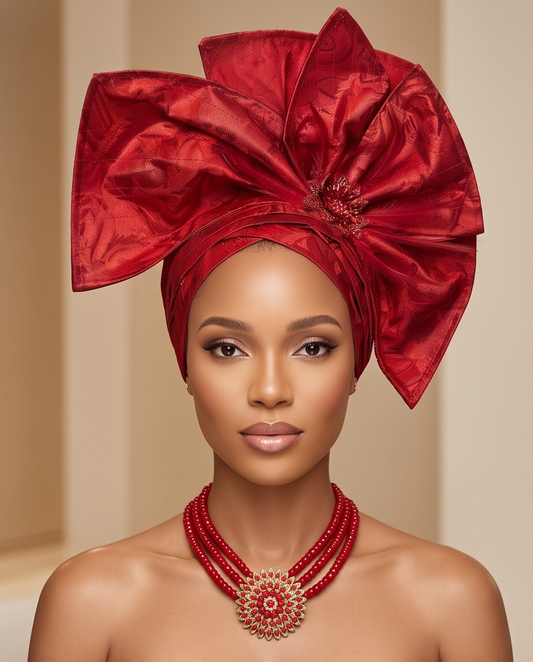 African  Ready Made Red Auto Gele New Bride Auto Cico Headgear.
