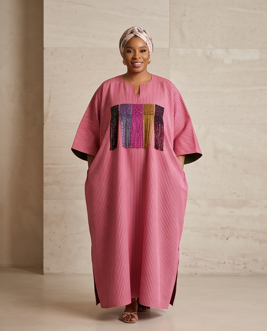 African Cotton Fringe  Kaftan, Classy Pinky Boubou Outfit.