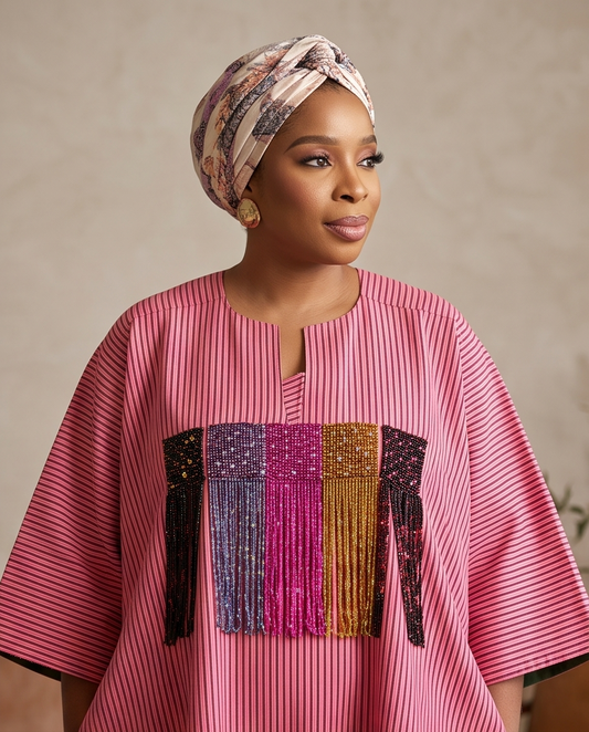 African Cotton Fringe  Kaftan, Classy Pinky Boubou Outfit.