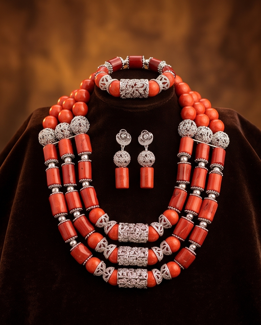 African Authentic Coral Bead Necklace Set  Bridal Wedding Necklace