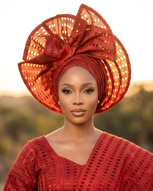 Aso - Oke Auto Gele Ready Made Headgear Newly Bride Head Tie