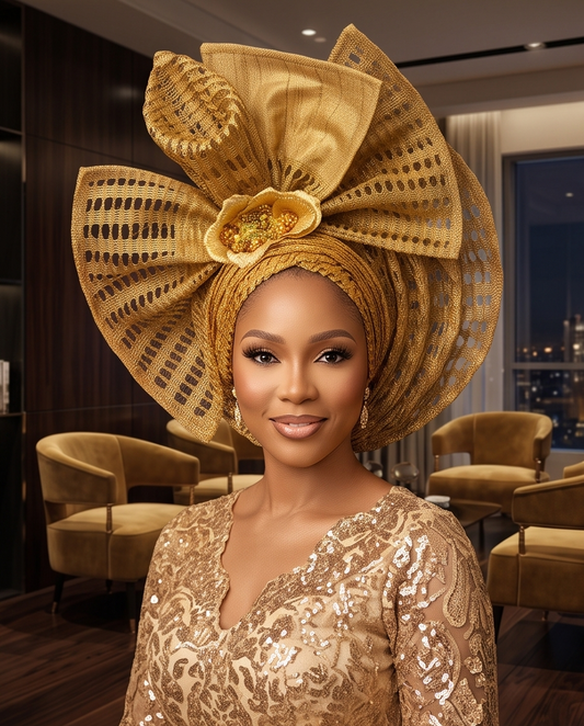 Bola Ready - Made Aso Oke Gele Golden Net Headband