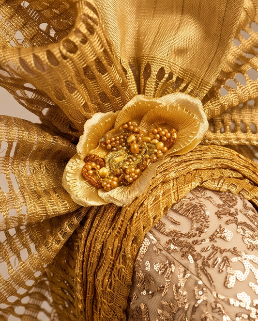 Bola Ready - Made Aso Oke Gele Golden Net Headband