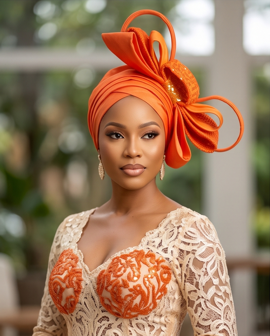 Ready Made Classy Turban Orange Sequins Bow Party Turban